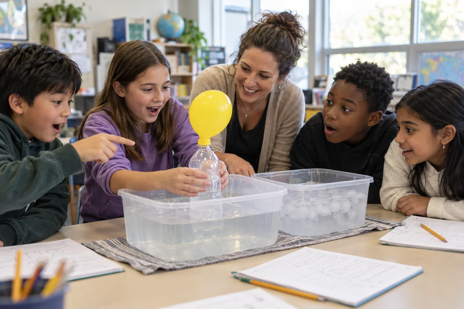A teacher and students at a classroom table watch a balloon on a bottle fill out in a tub of warm water.